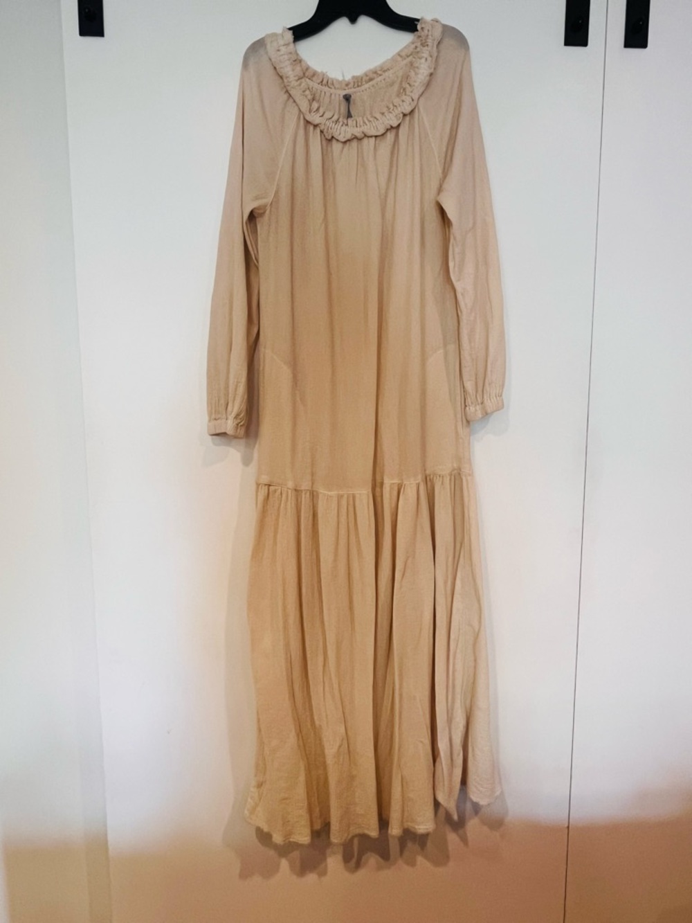 Raquel Allegra Ruffle Neck Maxi Dress in Beige
